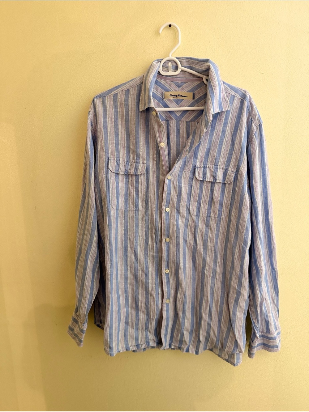 Tommy Bahama Light Blue and White Striped Button-Down Shirt